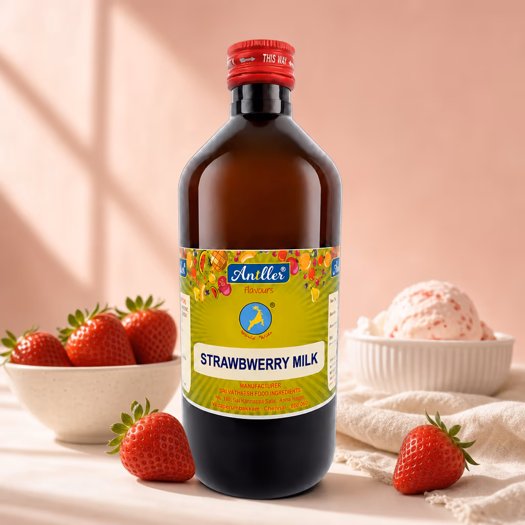 Final Antller strawberry milk bottle composite with flavour-matched AI backdrop