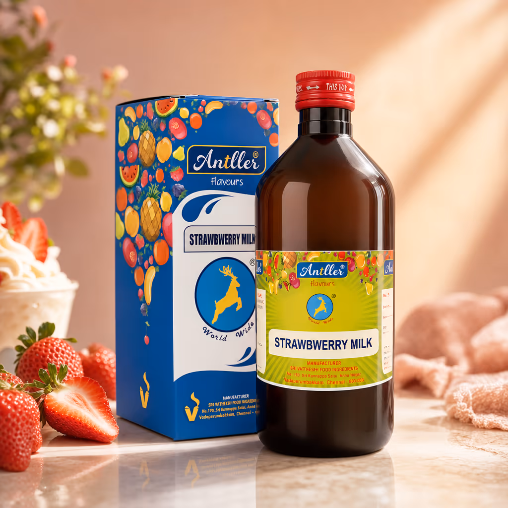 Final Antller bottle and pack composite with strawberry milk branding and AI backdrop