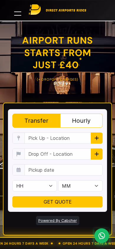 Mobile homepage for DirectAirportsRides