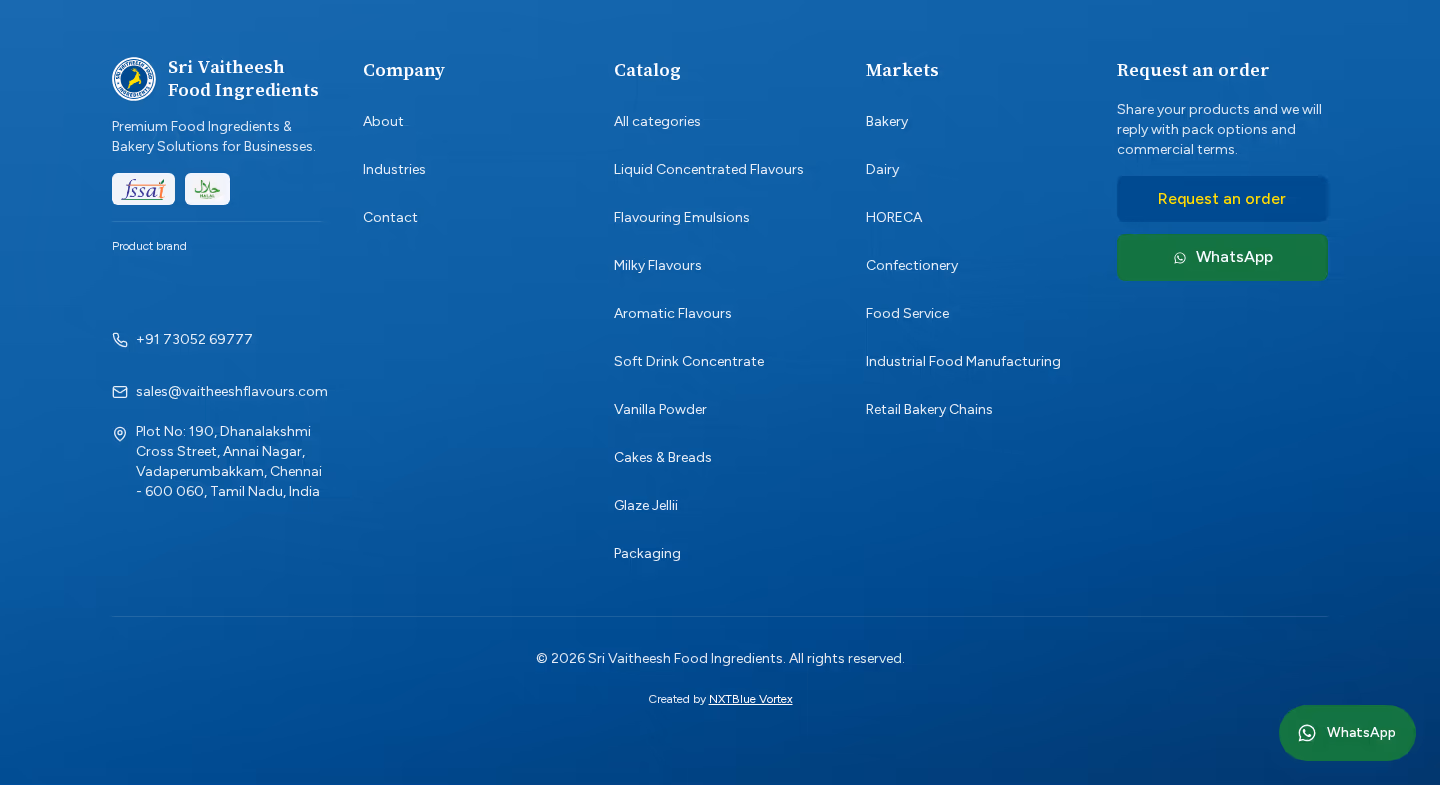 Footer contact block with Request an order and WhatsApp entry points