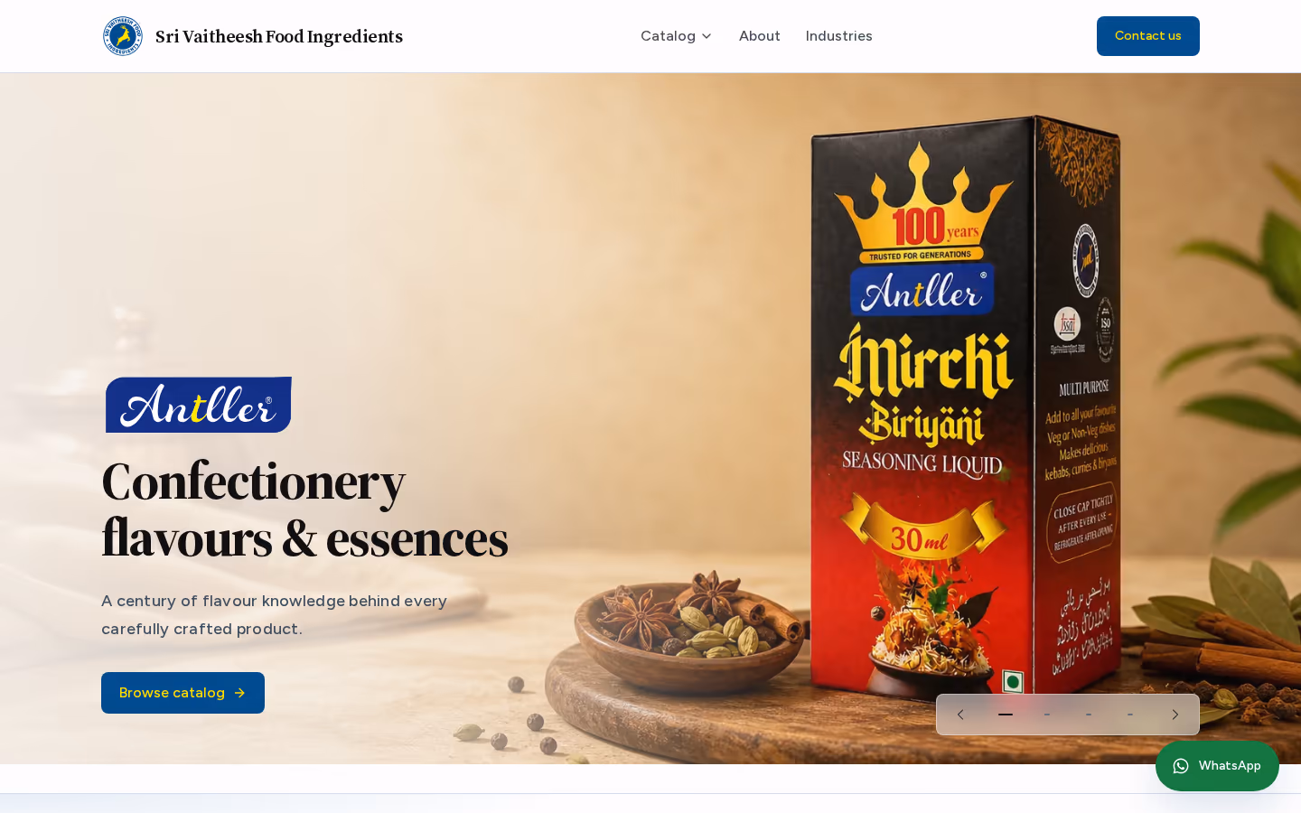 Sri Vaitheesh Food Ingredients homepage with Antller hero, catalog CTA, and primary conversion path