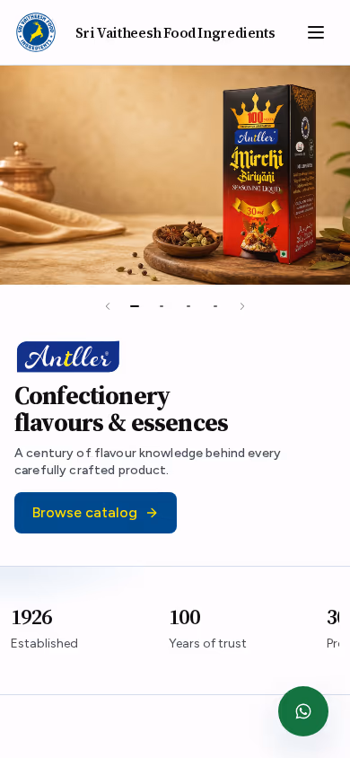 Mobile view of Sri Vaitheesh Food Ingredients site with readable sections and prominent CTA